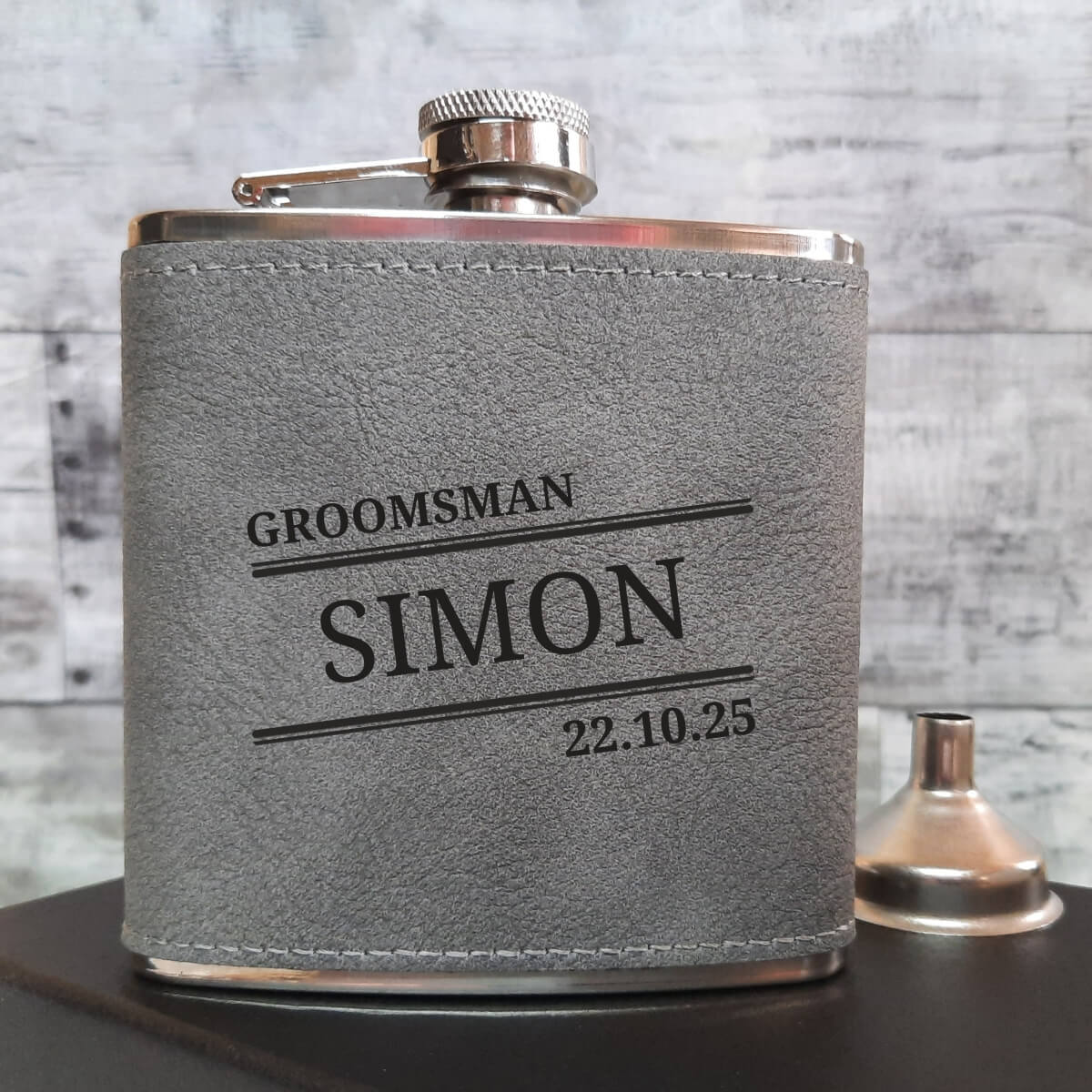 Personalised Grey Leather Hip Flask - Groomsman Sample - Style 1