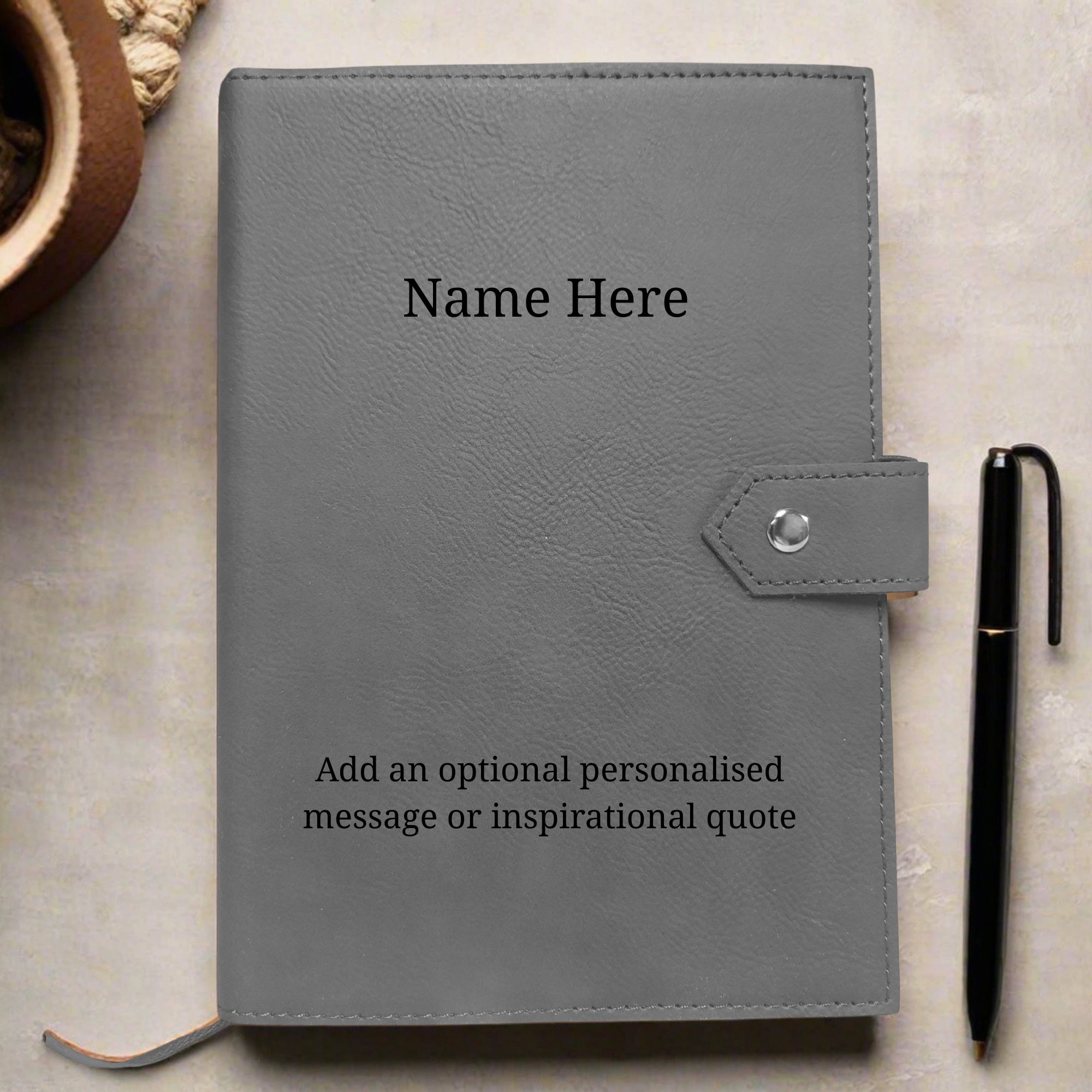 Personalised Grey Leather Notebook Cover & Notebook - Add Any Name & Message