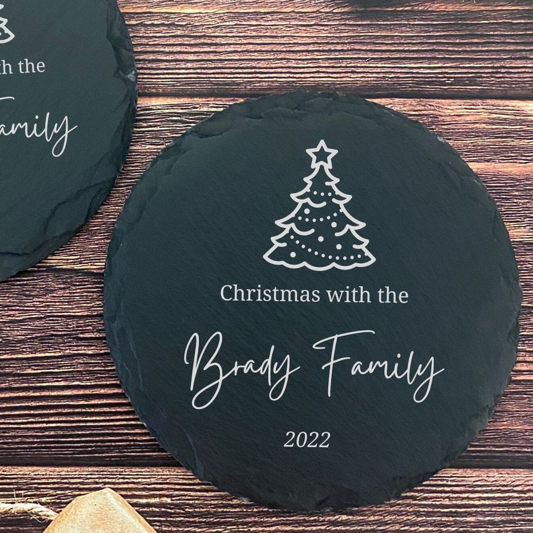 Personalised Slate Christmas Coasters With Family Name