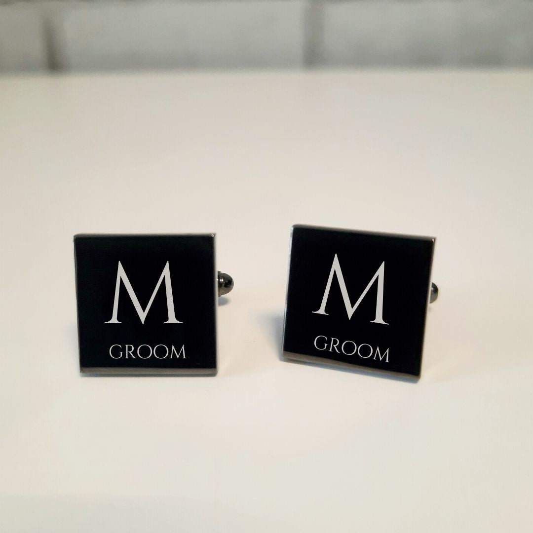 Personalised Black Groomsmen Cufflinks - Custom Engraved Initial(s) & Role