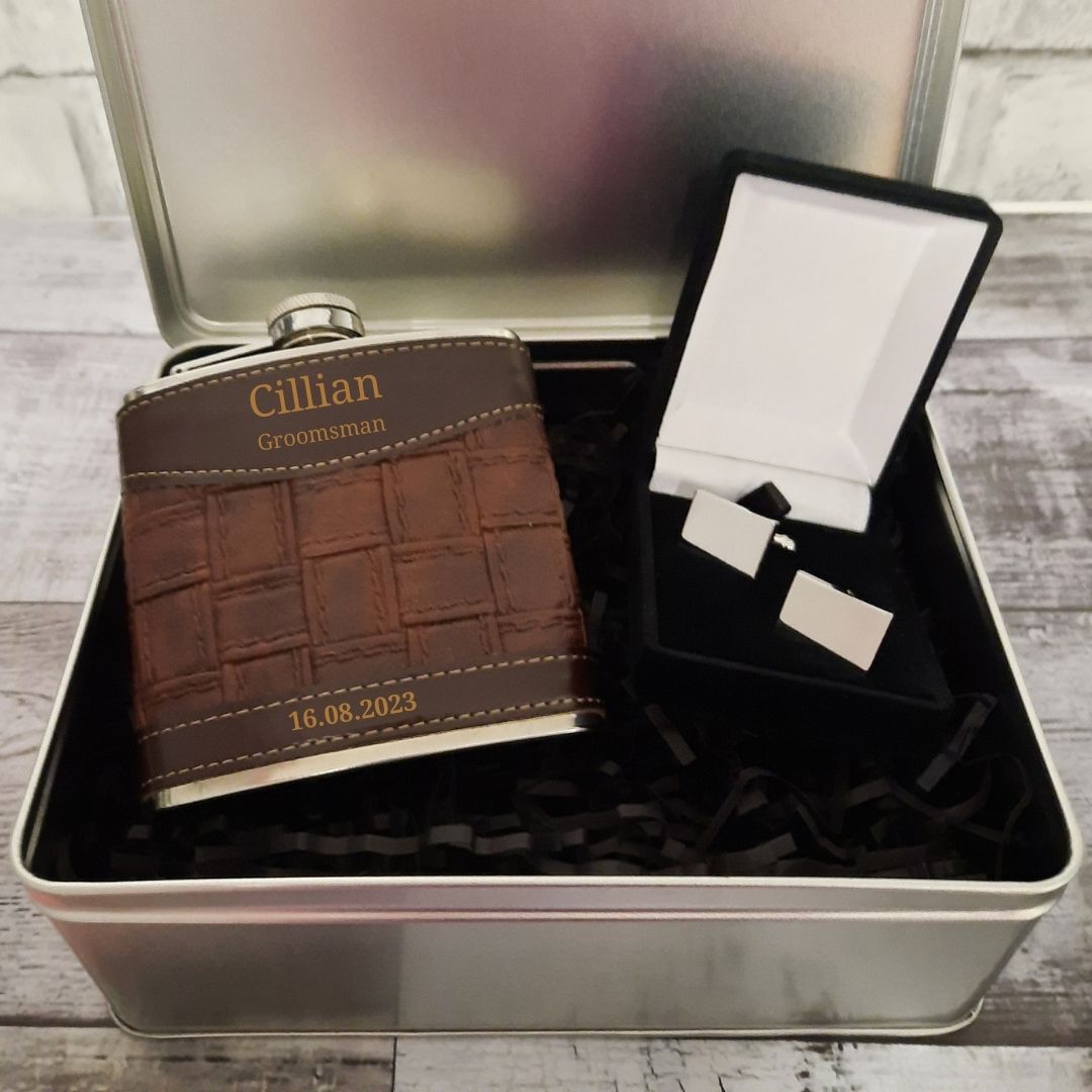 Personalised Groomsman Hip Flask & Cufflink Gift Set In Custom Keepsake Tin Gift Box