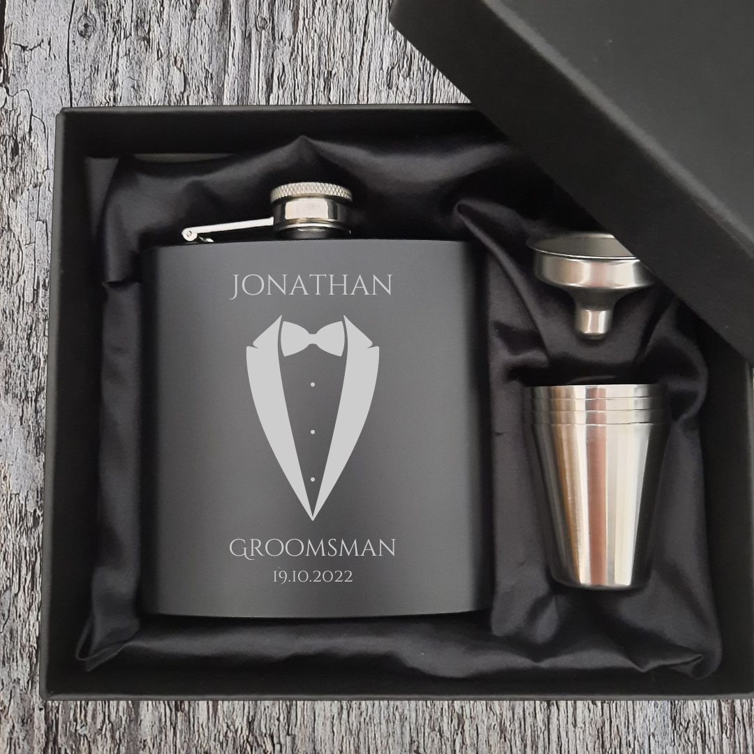 Personalised Groomsman Hip Flask Gift Set - Add Your Own Details