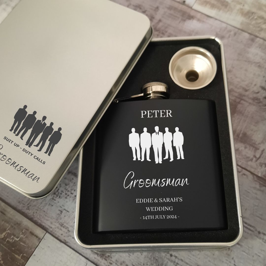 Personalised Hip Flasks For Groomsmen - Custom Engraved Keepsake Tin Gift Box