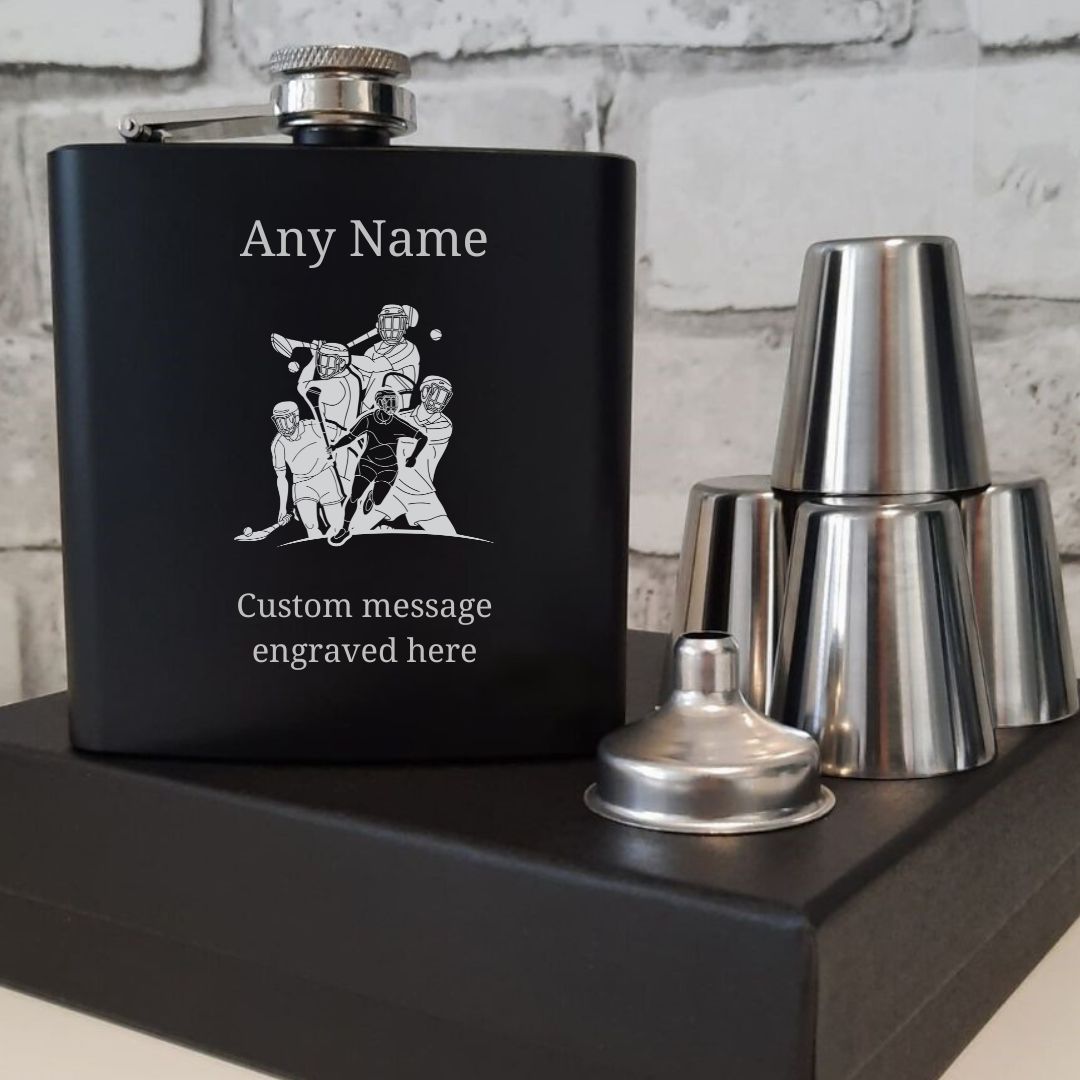 Personalised Hurling Hip Flask Gift Set - Add An Engraved Name & Message