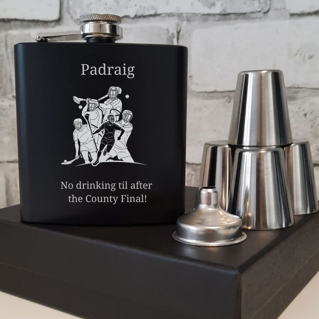 Personalised Hurling Hip Flask Gift Set - Add An Engraved Name & Message