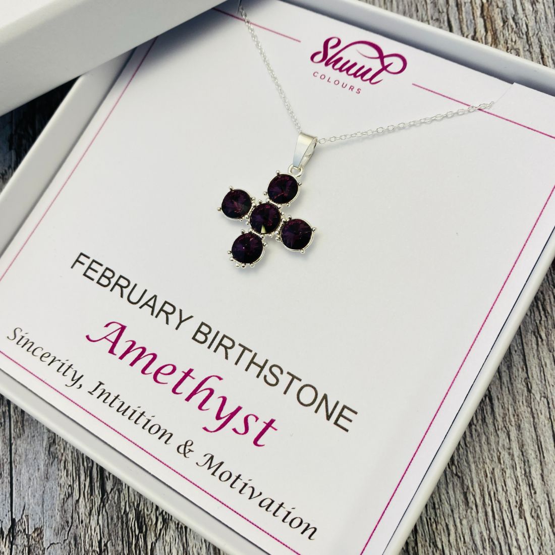 February Birthstone Necklace - Cross Pendant