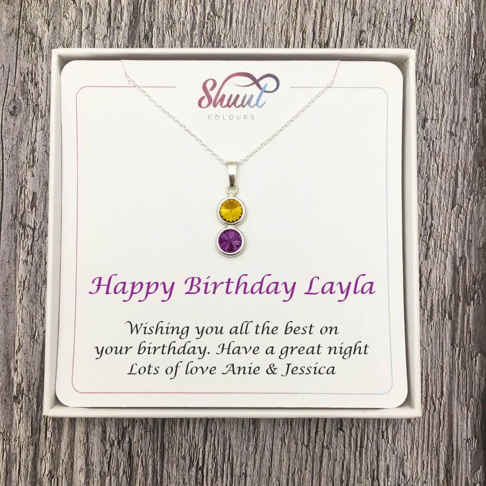 2 Drop Personalised Necklace - Any Colour Crystals, Name & Message