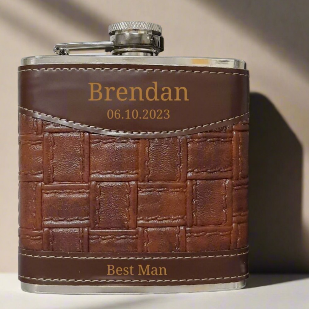 Leather Hip Flask For Groomsmen Personalised With Name, Date & Role