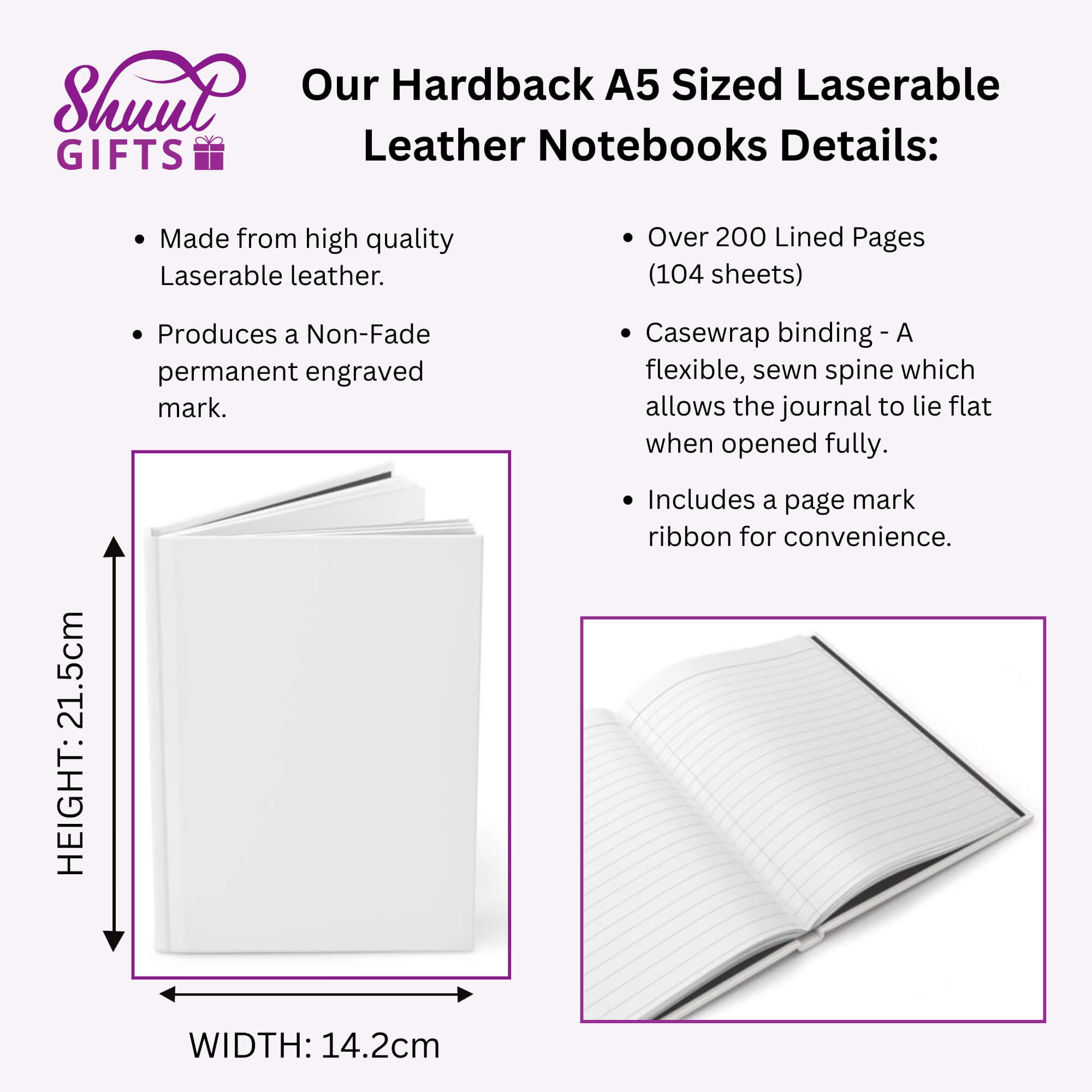 Hardback A5 sized laserable leather notebook with dimensions and features listed.