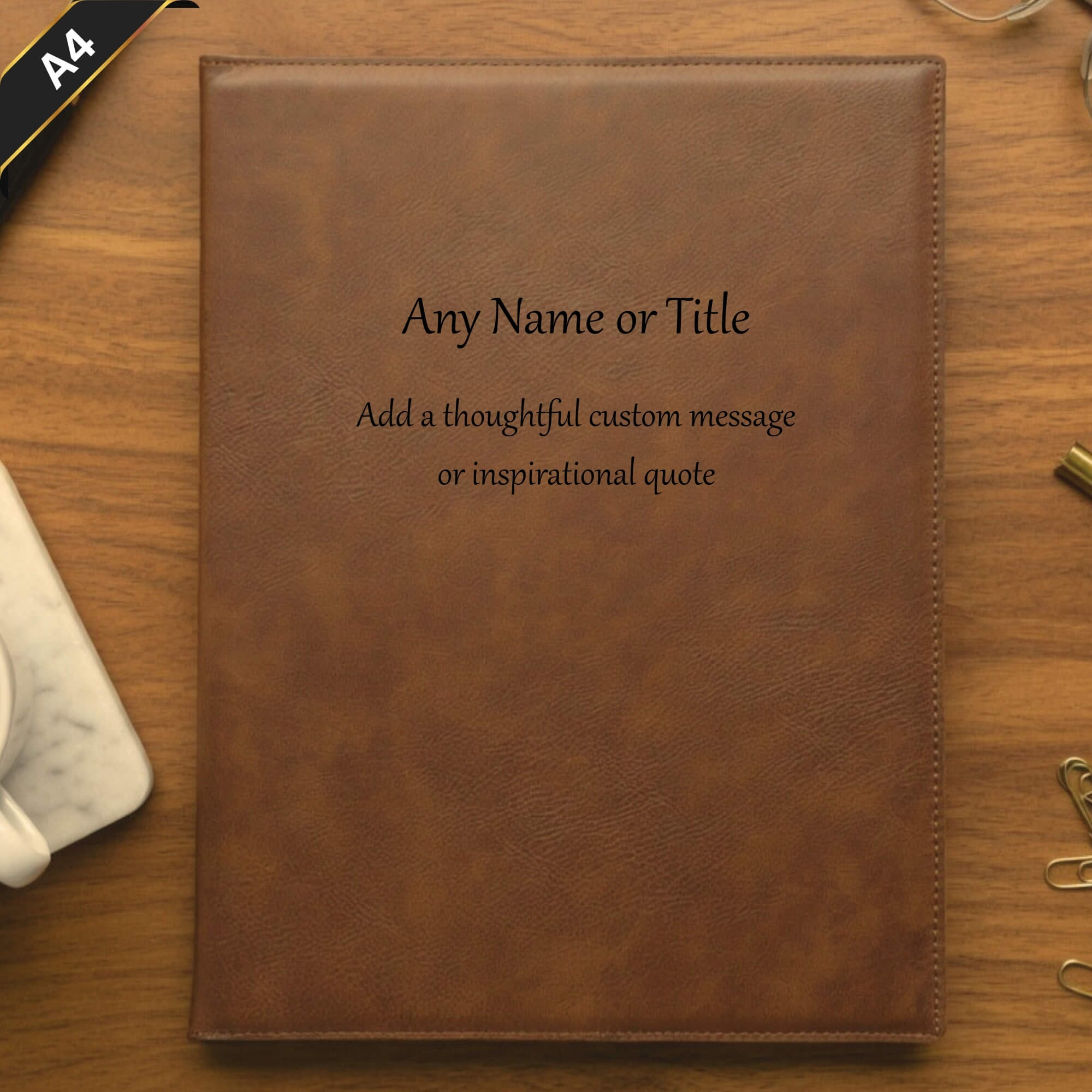 Personalised Brown Leather A4 Notebook Portfolio Cover - Any Name & Message