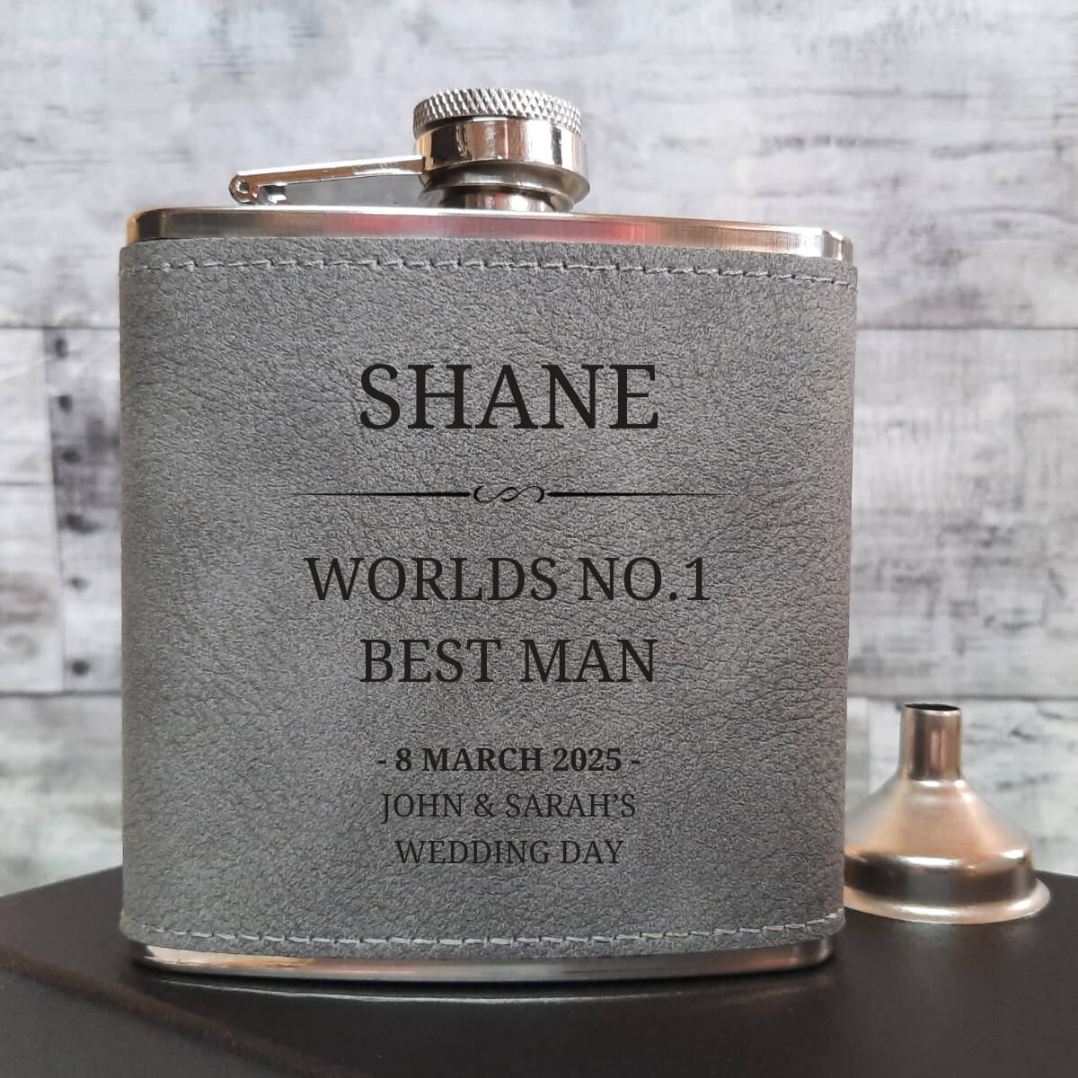 Personalised Grey Leather Hip Flask - Best Man Sample - Style 2