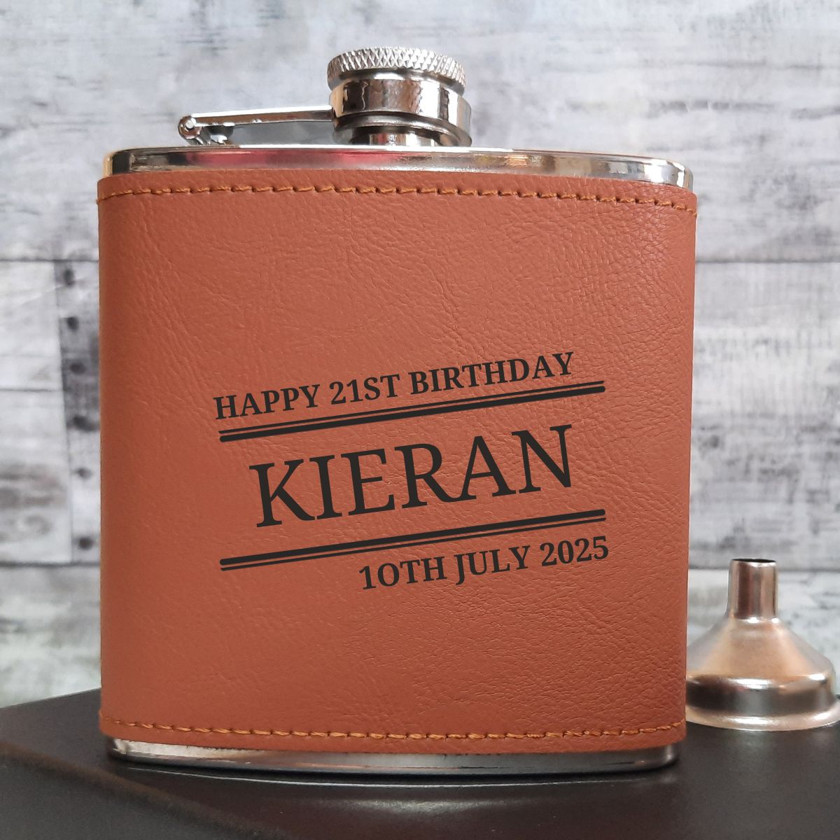 Personalised Brown Leather Hip Flask - Custom Name & Message - 2 Styles