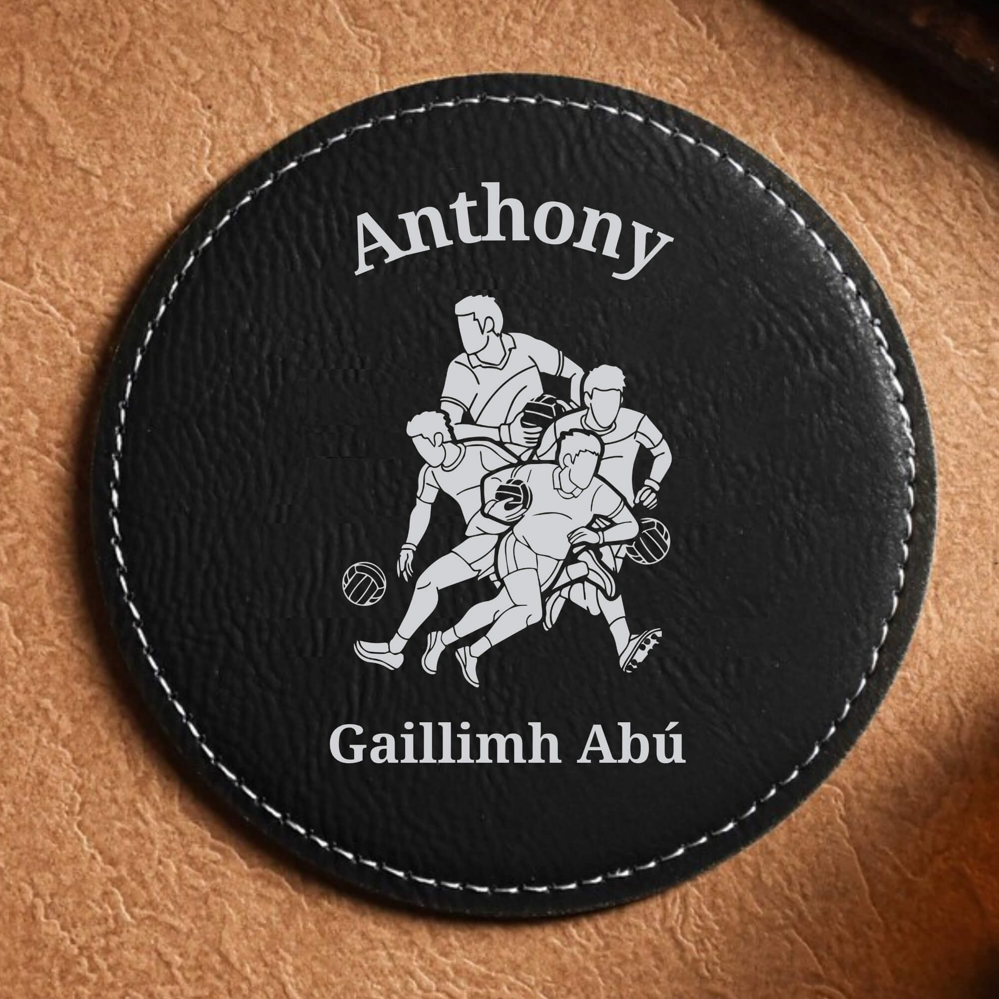 Personalised Gaelic GAA Coaster - Black Leather Sample