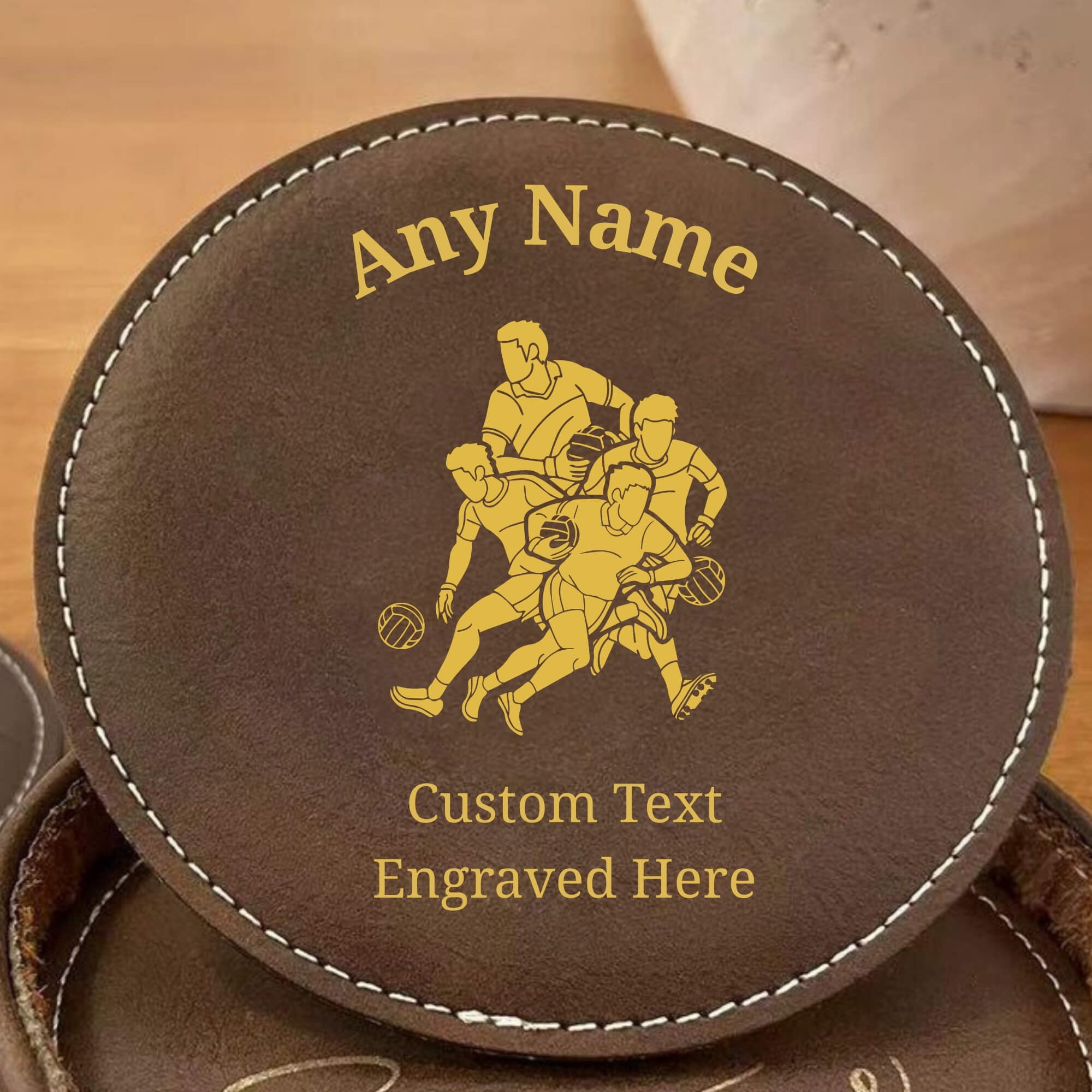 Personalised Gaelic GAA Coaster - Rustic Brown Leather - Any Name, Club & Message
