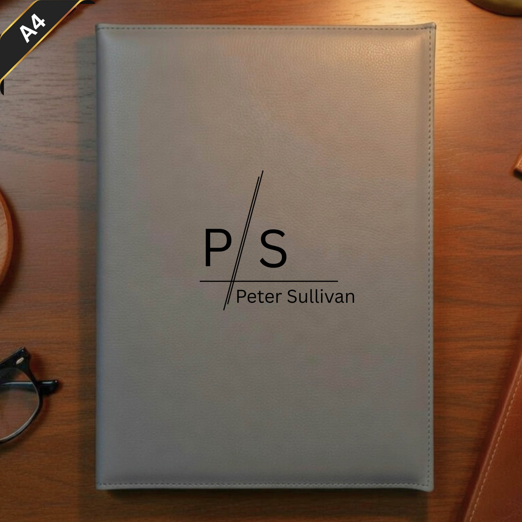 Personalised Grey Leather A4 Notebook Portfolio Cover - Any Initials & Name