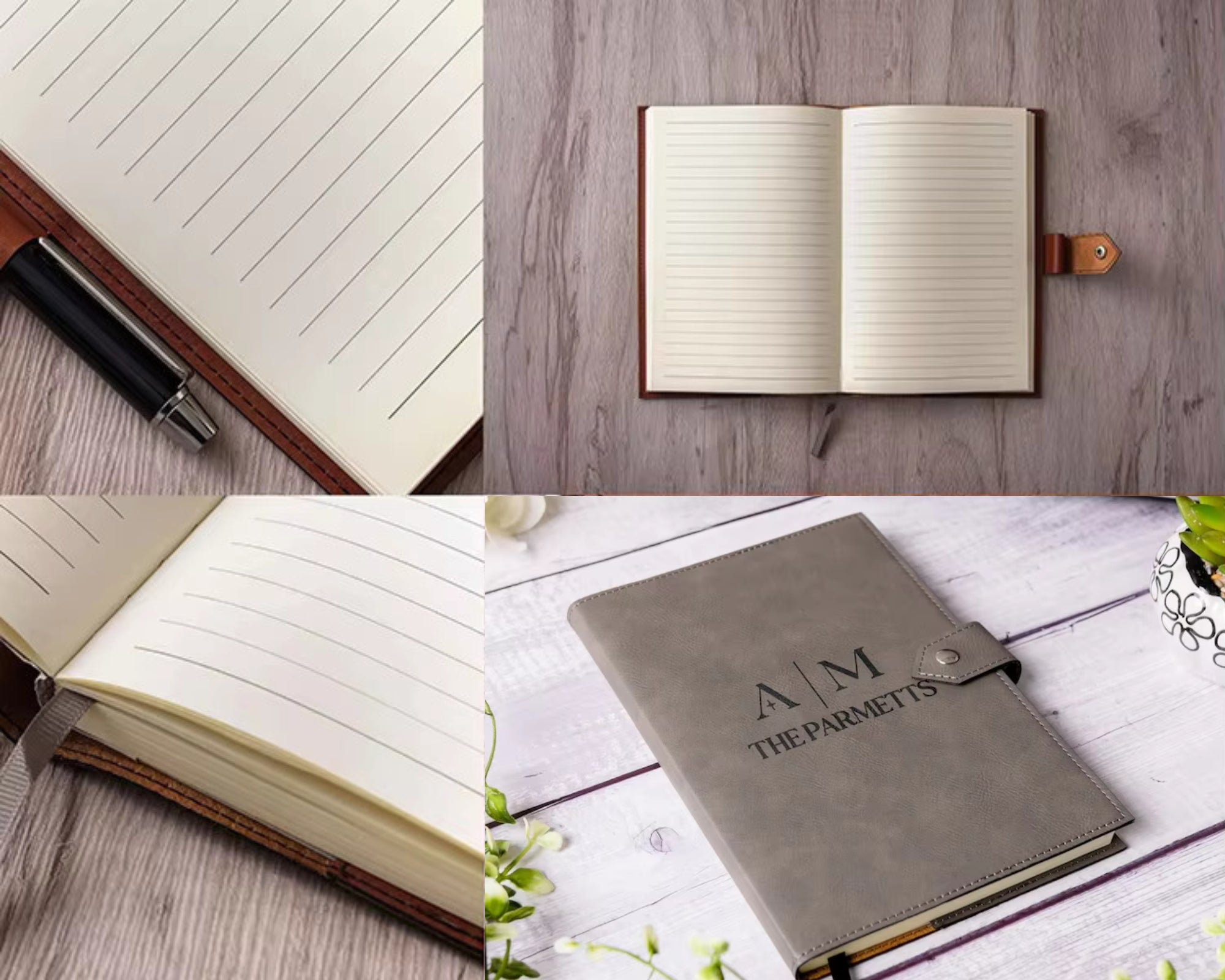 Personalised Grey Leather Notebook Cover & Notebook - Add Any Name & Message