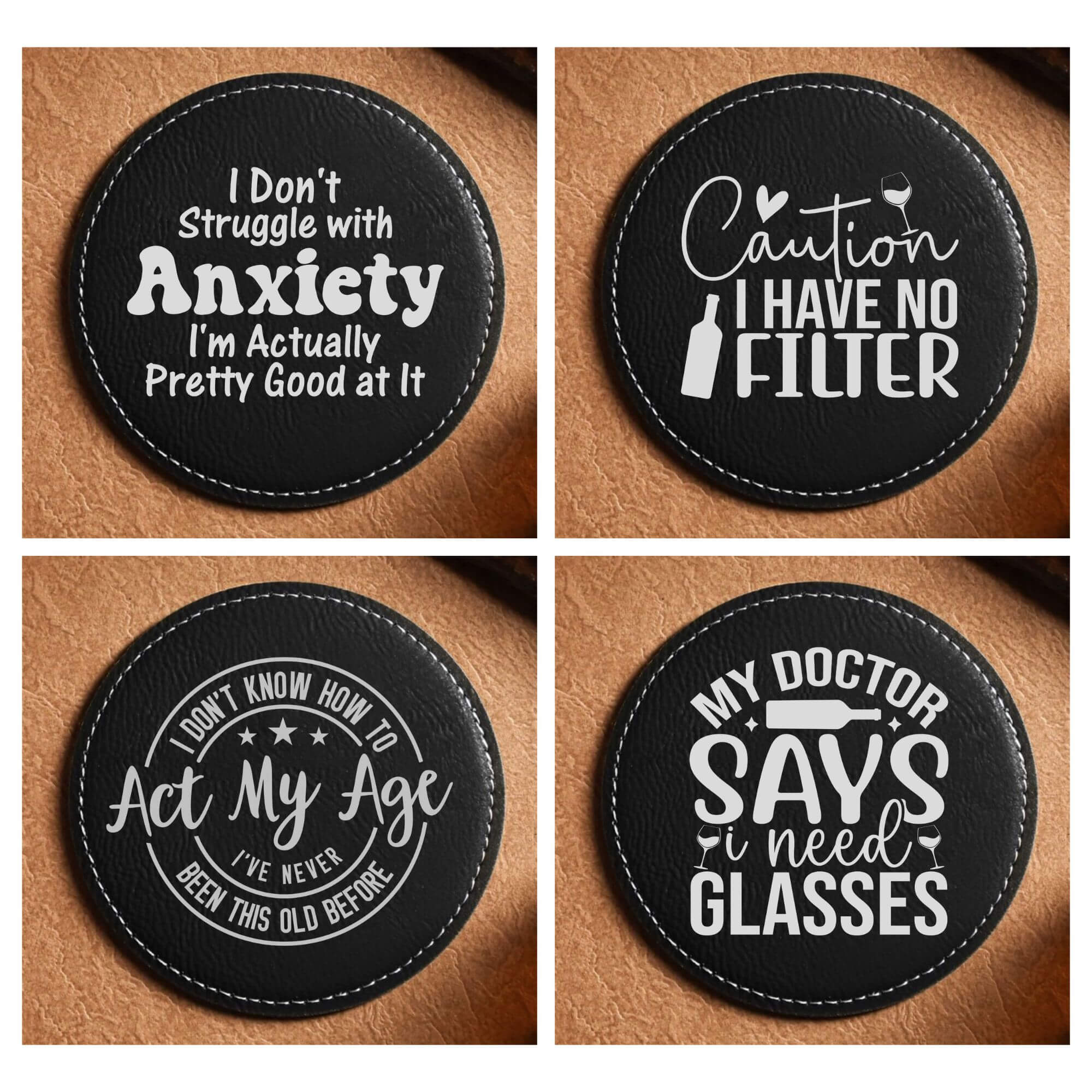 Set Of 4 Funny Round Coasters Gift Set - Colour Options Available