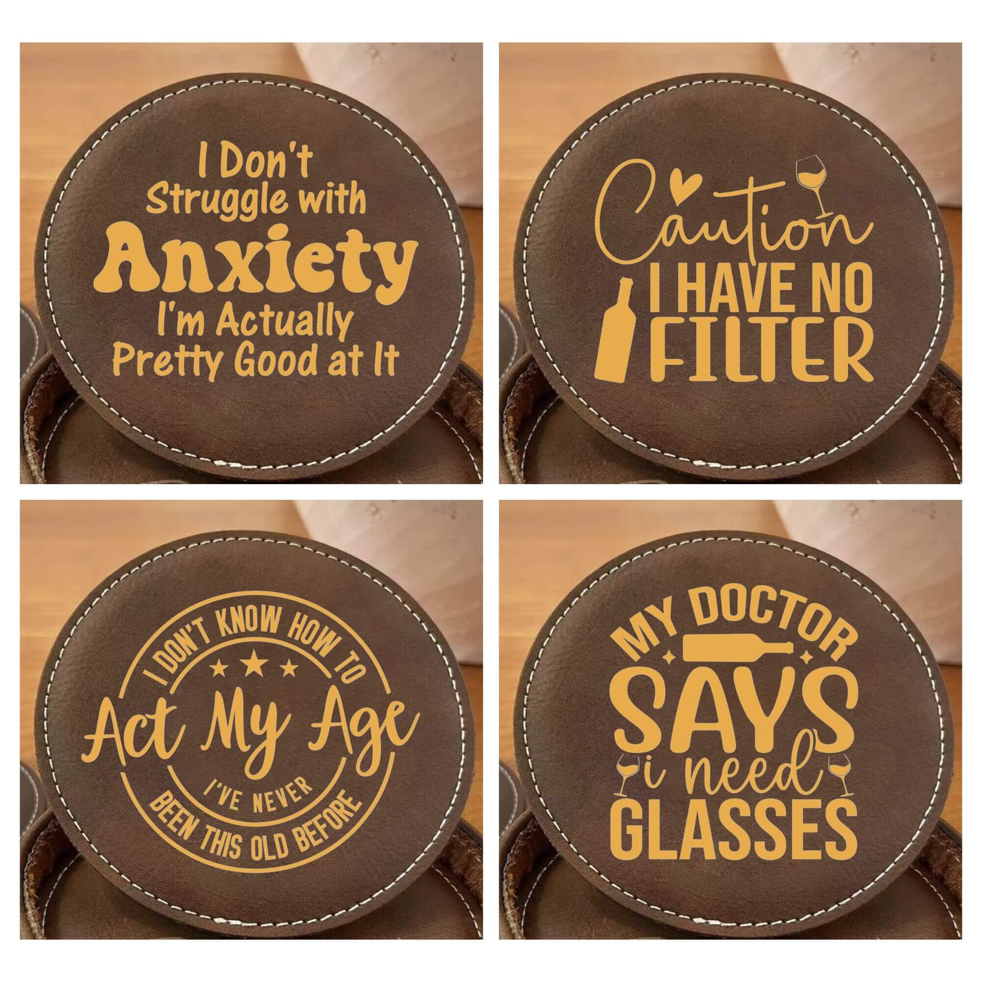 Set Of 4 Funny Round Coasters Gift Set - Colour Options Available