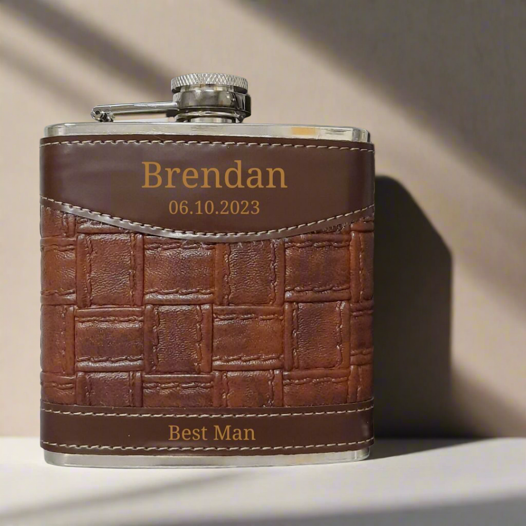 Leather Hip Flask For Groomsmen Personalised With Name, Date & Role