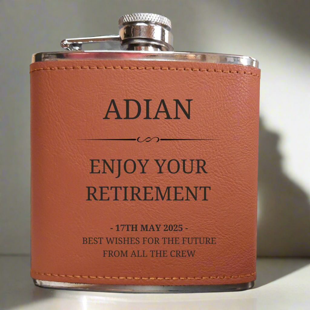 Personalised Brown Leather Hip Flask - Custom Name & Message - 2 Styles