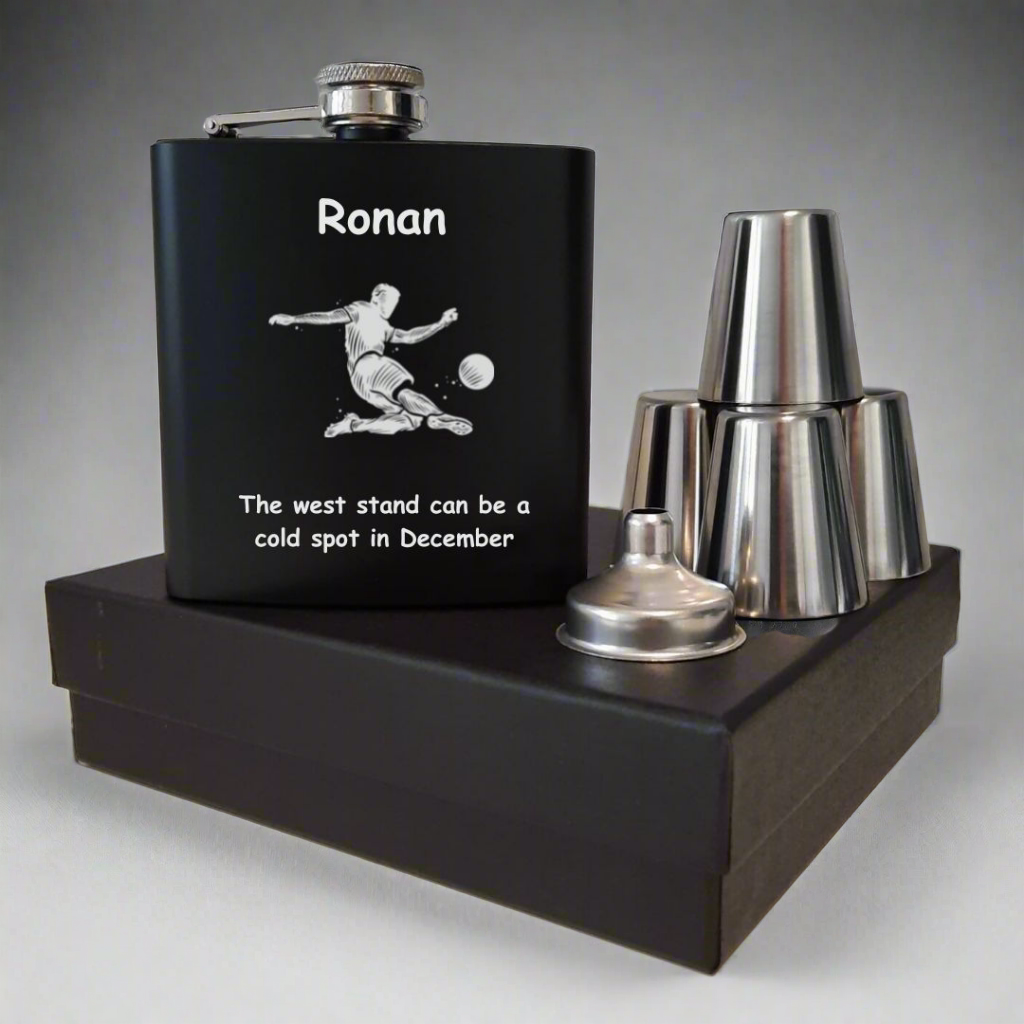 Personalised Soccer Hip Flask Gift Set With Name & Message