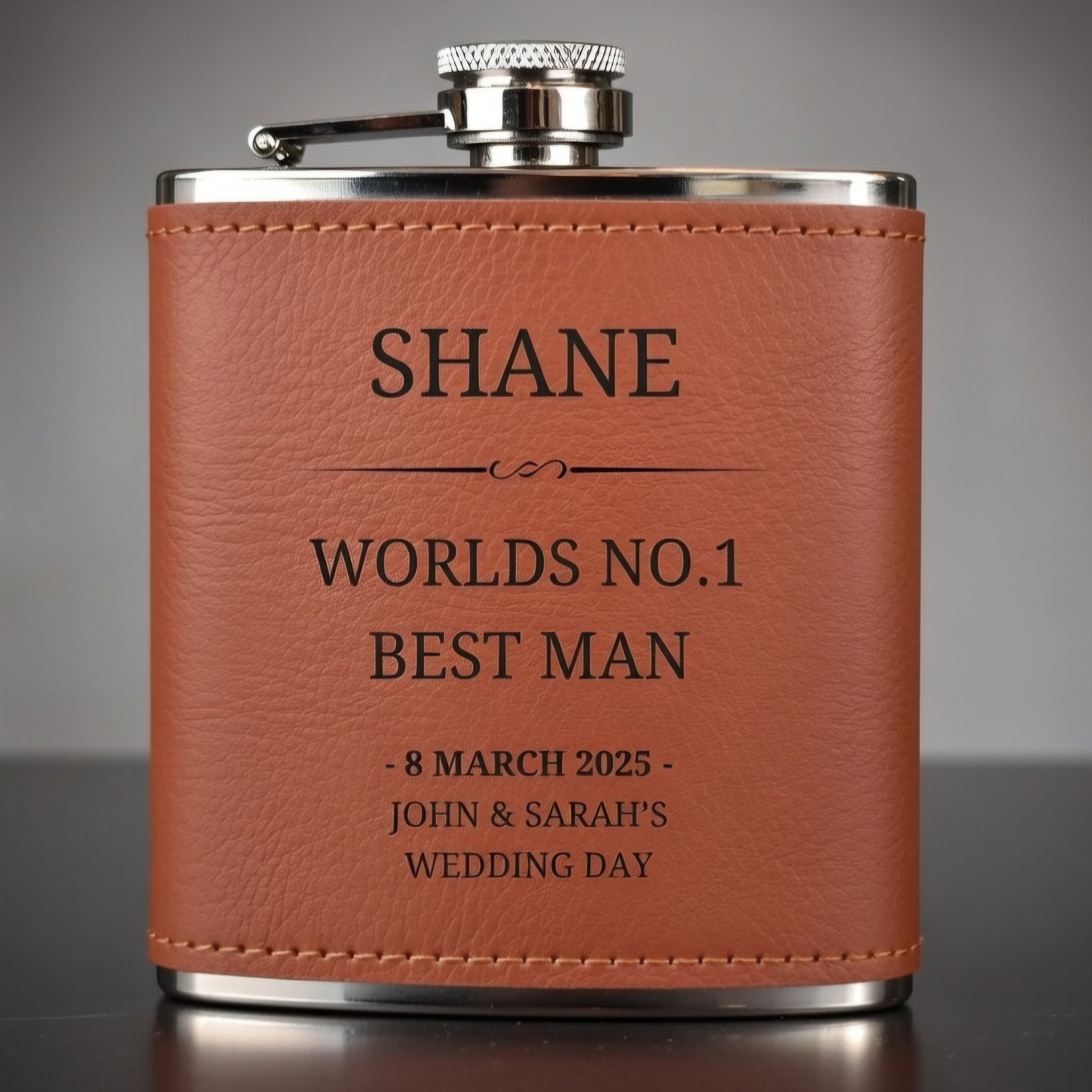 Personalised Brown Leather Hip Flask - Custom Name & Message - 2 Styles