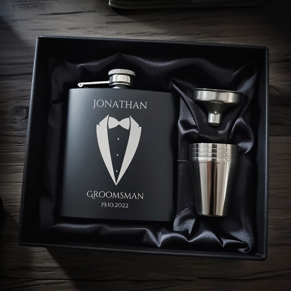 Personalised Groomsman Hip Flask Gift Set - Add Your Own Details