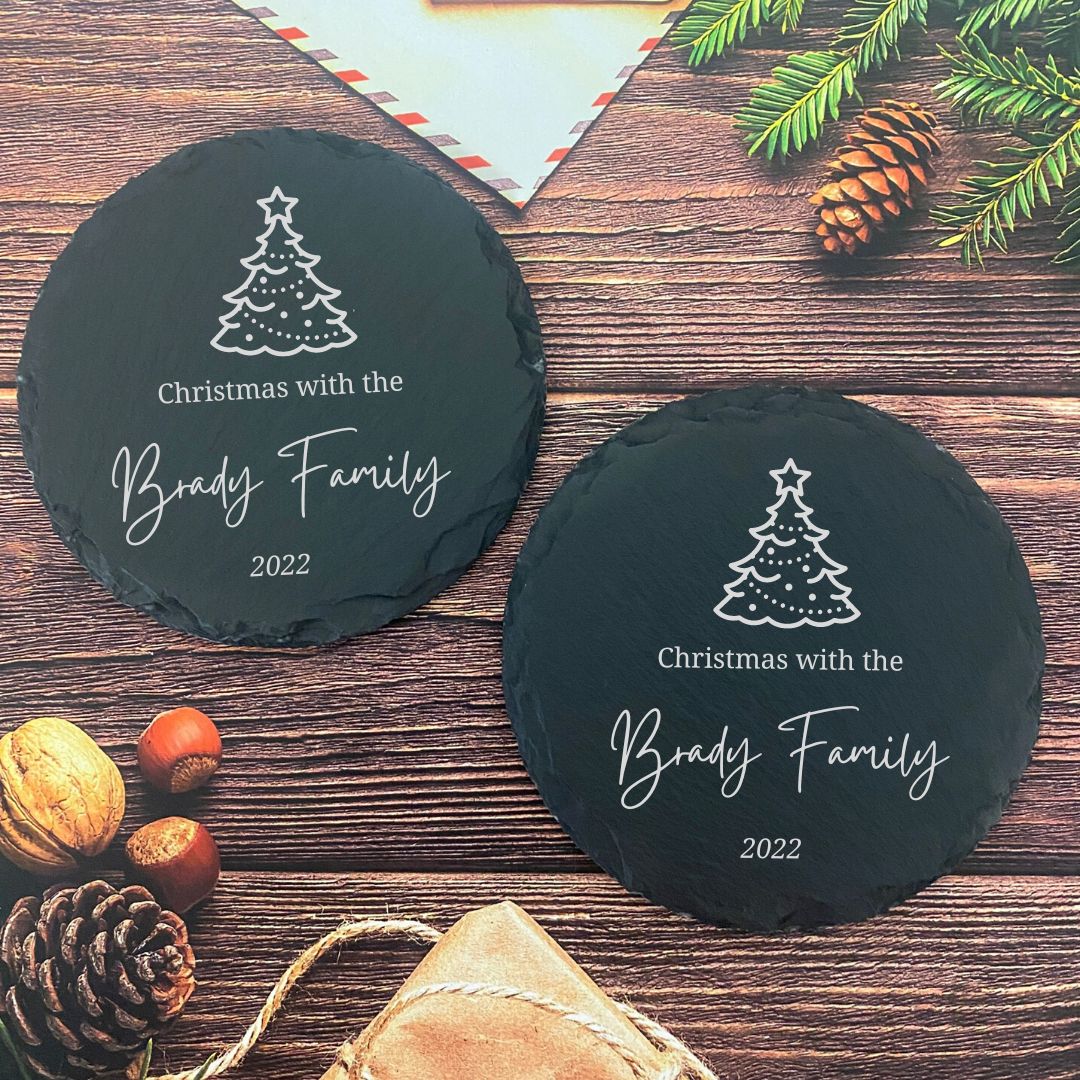 Personalised Slate Christmas Coasters With Family Name