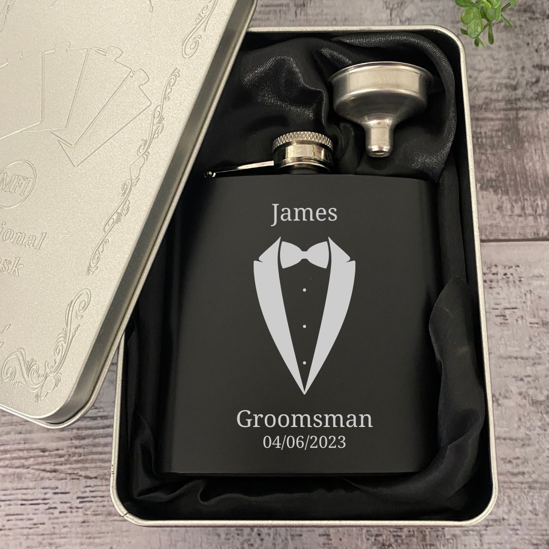 6oz Black Hip Flask for Groomsmen in Embossed Tin Box