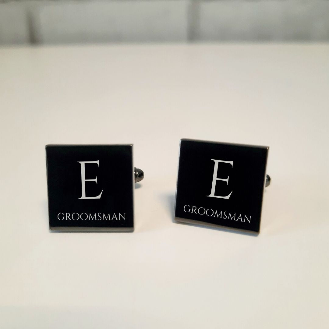 Personalised Black Groomsmen Cufflinks - Custom Engraved Initial(s) & Role
