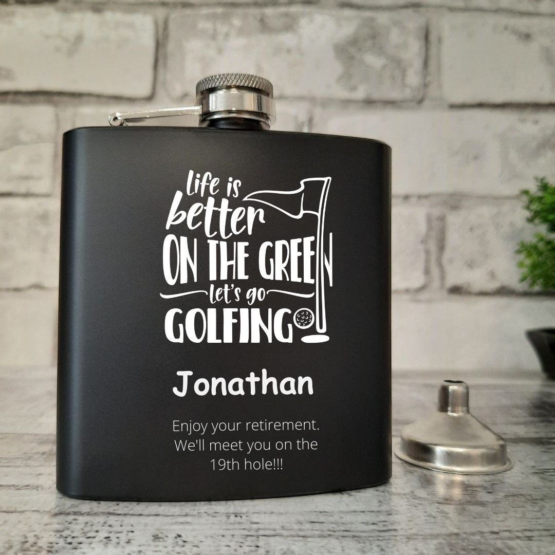 Personalised Golf Hip Flask Gift - Different Golf Themed Graphic Options Available