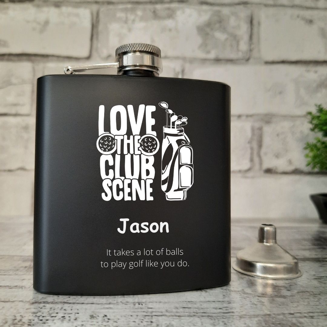 Personalised Golf Hip Flask Gift - Different Golf Themed Graphic Options Available