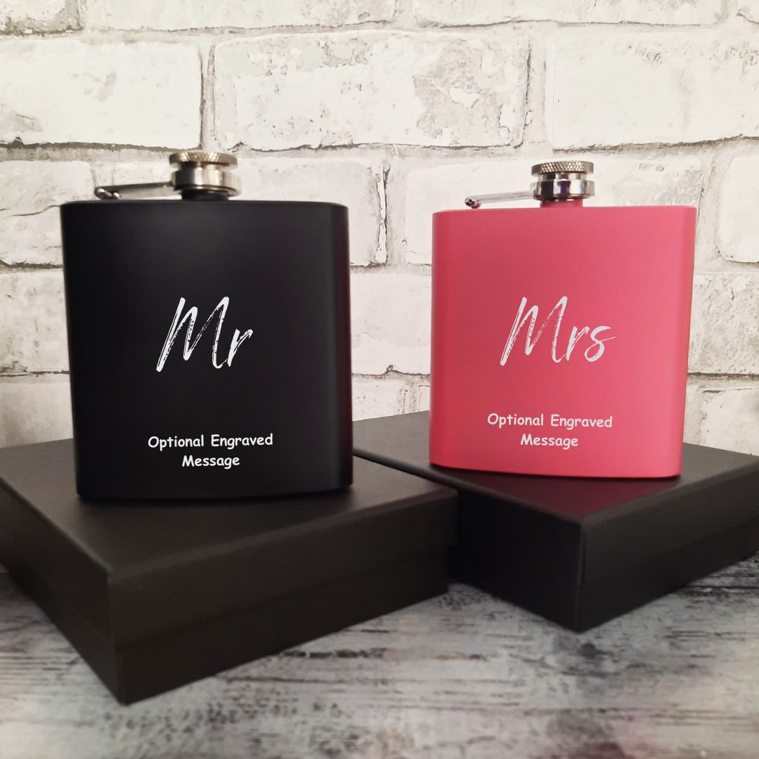 Personalised Mr & Mrs Hip Flasks Set - Custom Names & Message