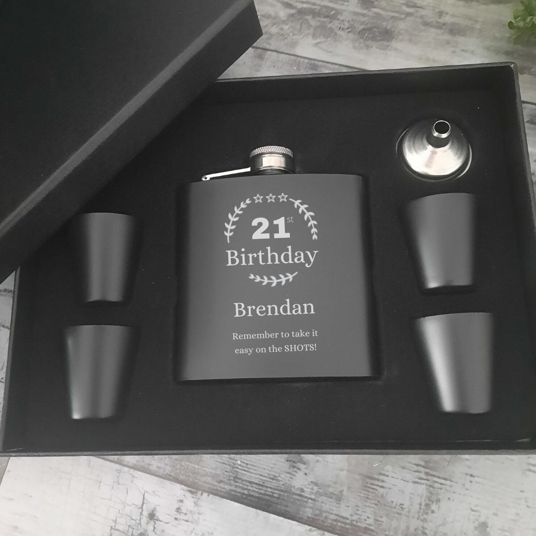 Personalised Birthday Hip Flask Gift Set - Any Age, Name & Engraved Message