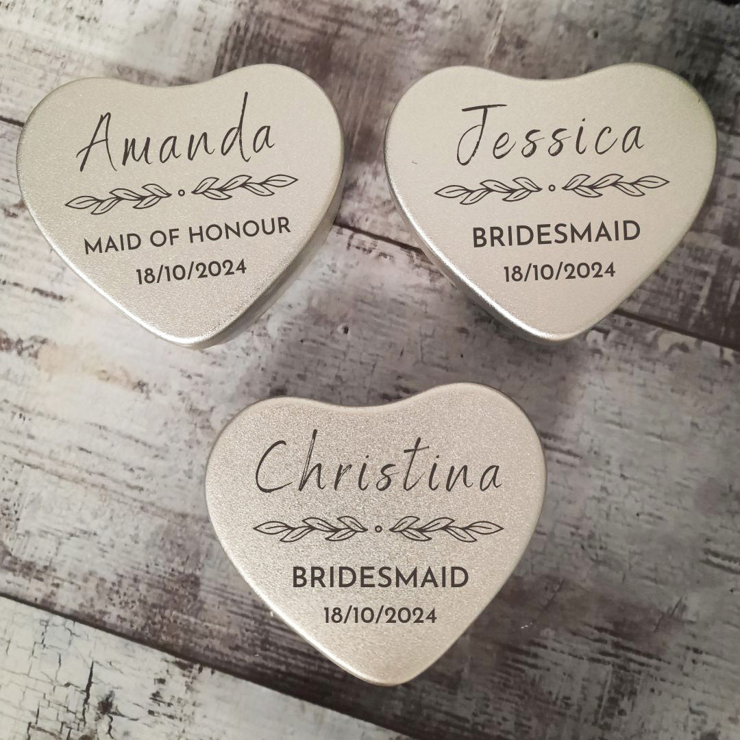 Personalised Bridesmaid Heart Tin Gift Boxes 2, 3 or 4 Pack - Custom Details