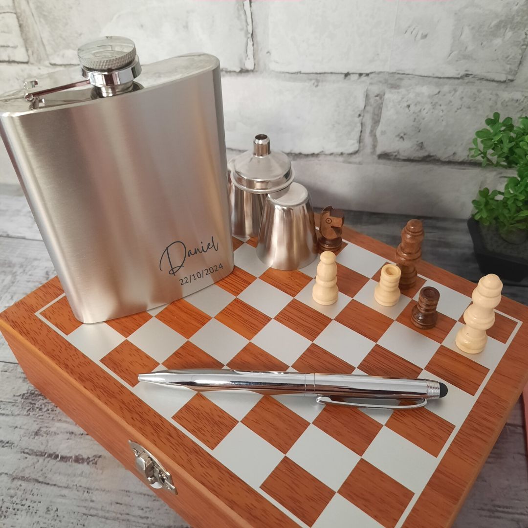 Portable Chess Set & Board With Personalised Hip Flask & Pen