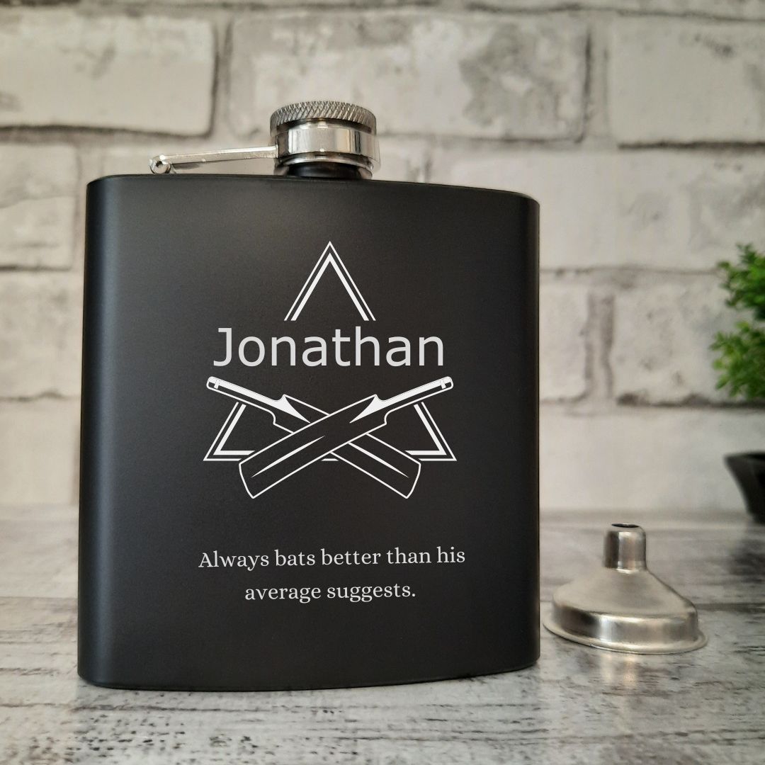 Personalised Cricket Hip Flask Sample - Name & Message