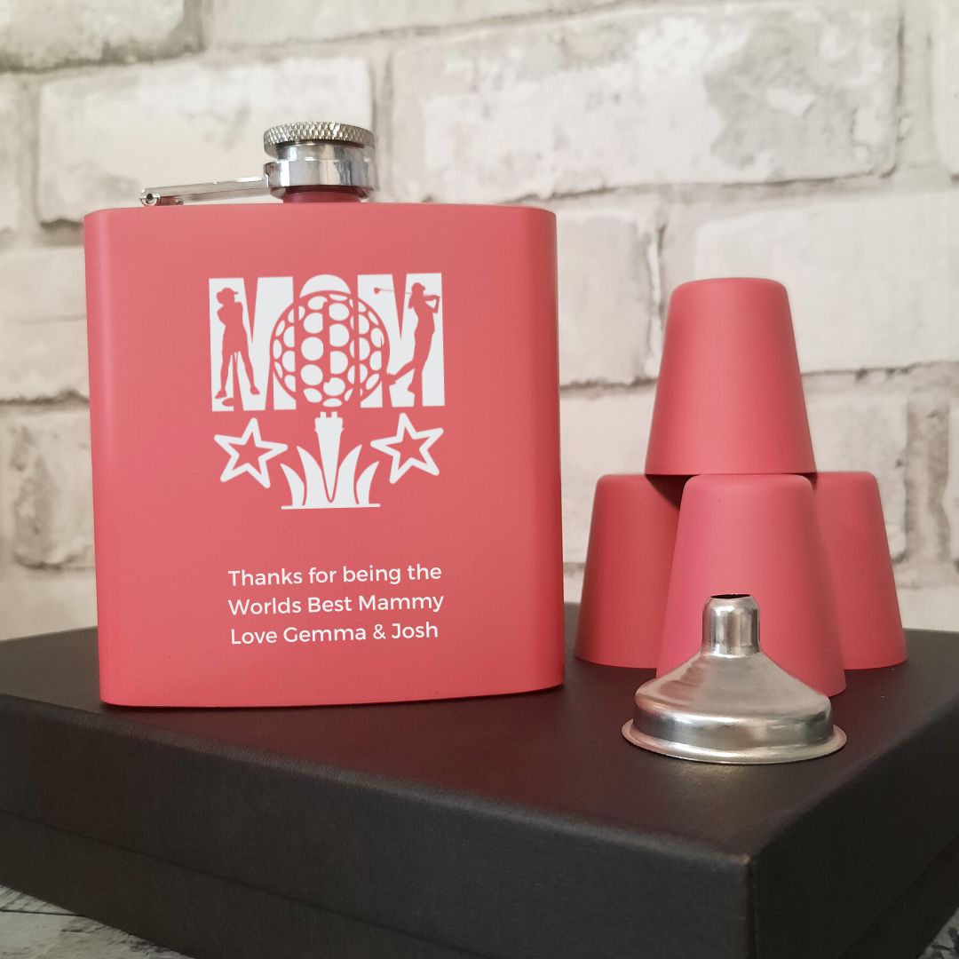 Personalised Pink Golf Hip Flask Gift Set For Mam - 2 Styles Available