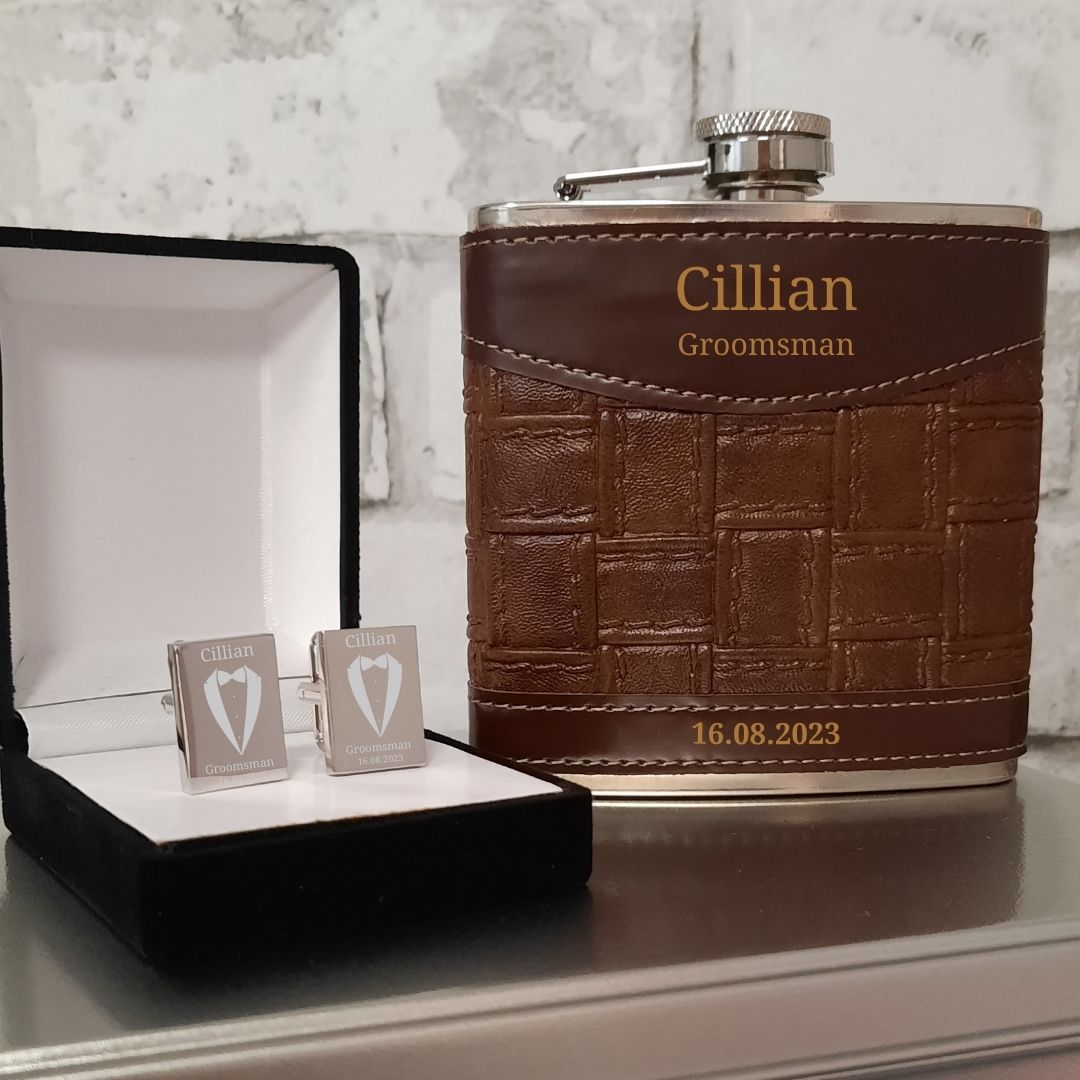 Personalised Groomsman Hip Flask & Cufflink Gift Set In Custom Keepsake Tin Gift Box