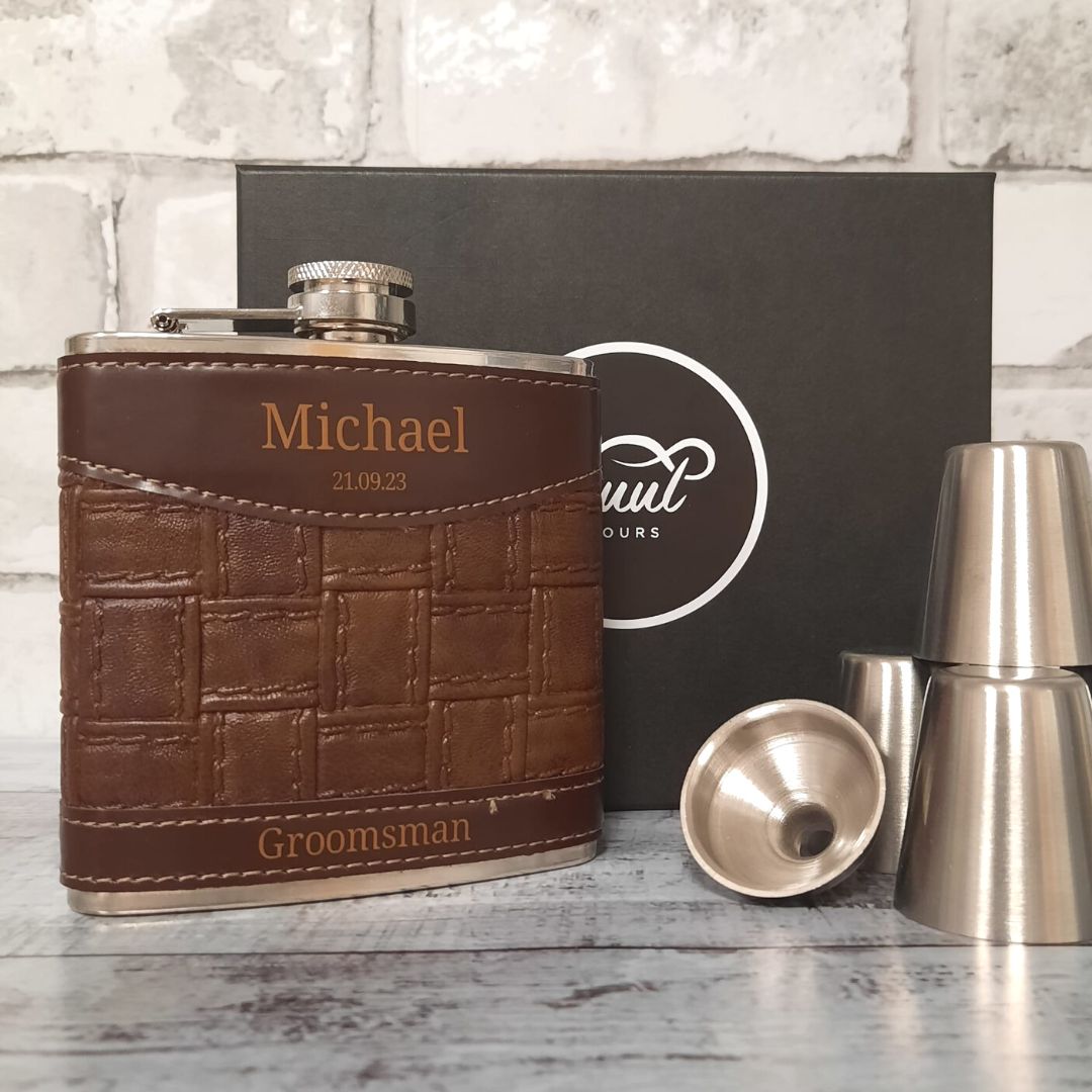 Leather Hip Flask For Groomsmen Personalised With Name, Date & Role