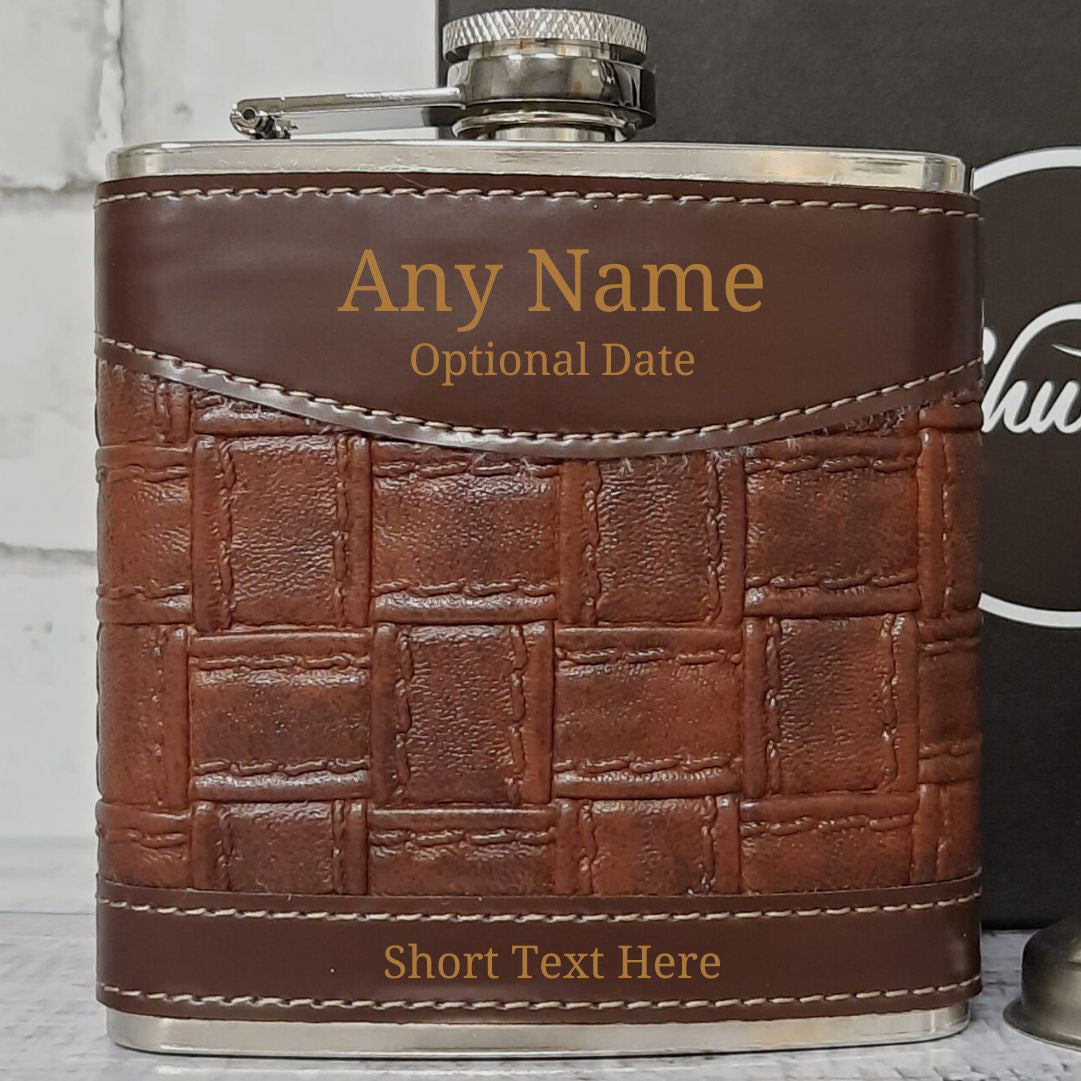 Personalised Leather Hip Flask With Name, Date & Text