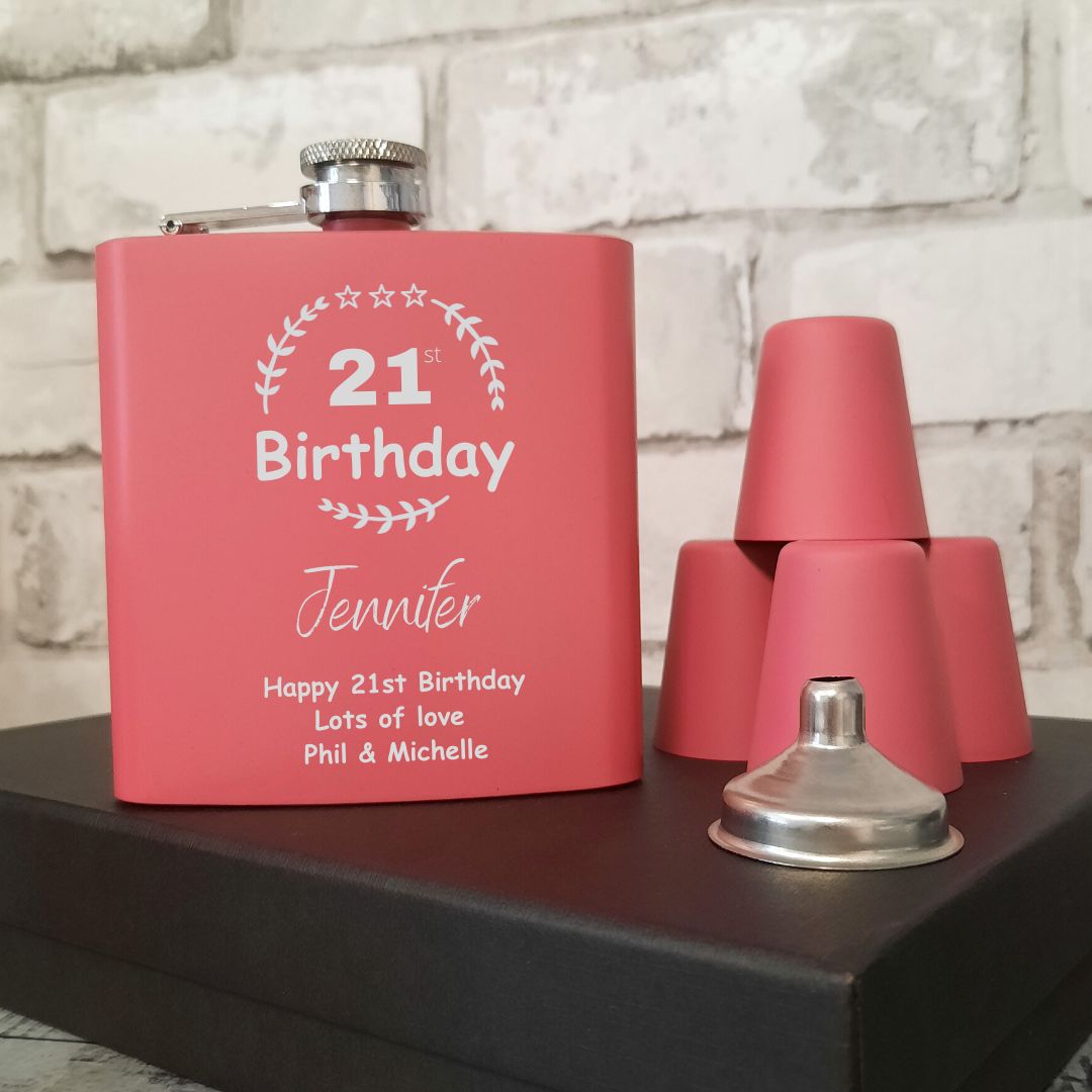 Personalised Pink Birthday Hip Flask Gift Set - Any Age, Name & Message