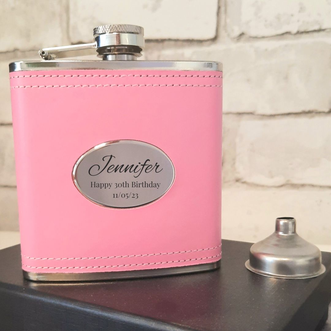 Personalised Pink Soft Leather Hip Flask - Custom Name, Date or Message