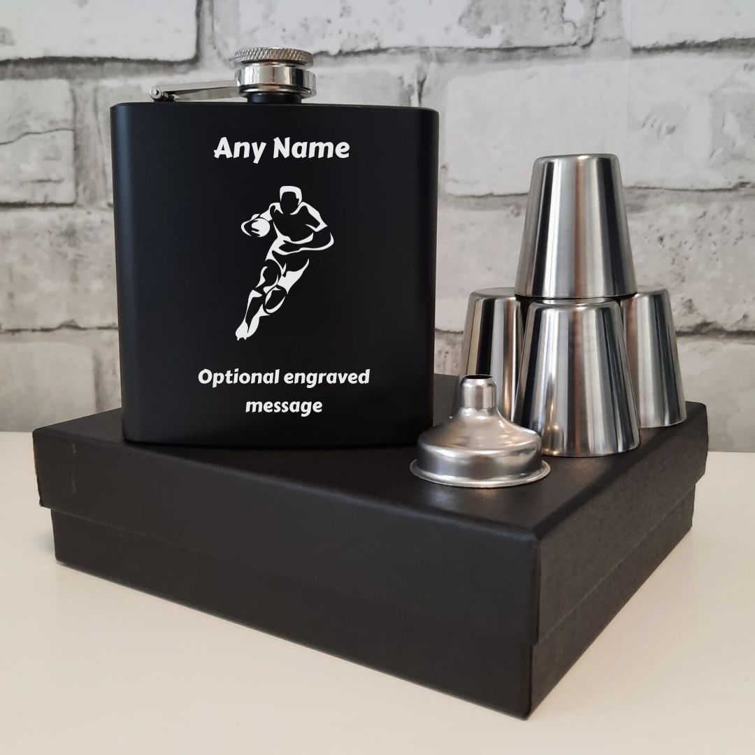 Personalised Rugby Hip Flask Gift Set - Custom Name & Message