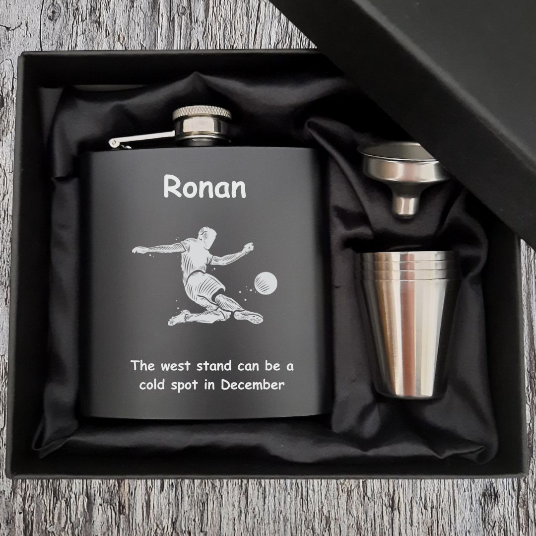 Personalised Soccer Hip Flask Gift Set With Name & Message
