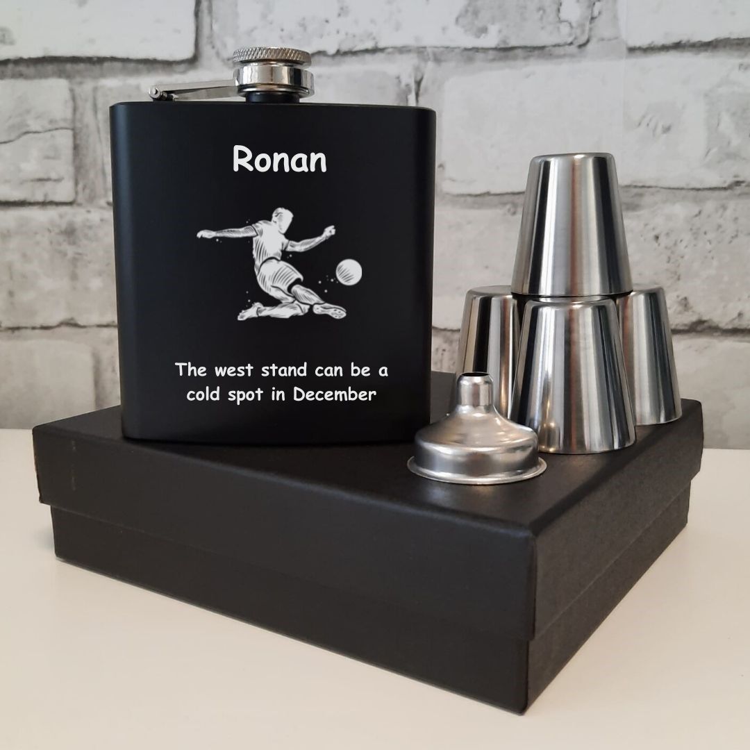 Personalised Soccer Hip Flask Gift Set With Name & Message