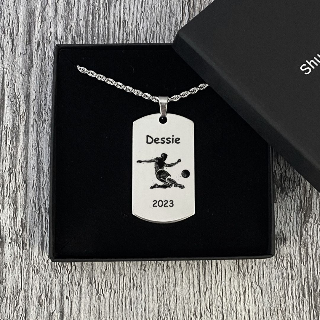 Personalised Soccer Men's Dog Tag Necklace With Name, Message or Team