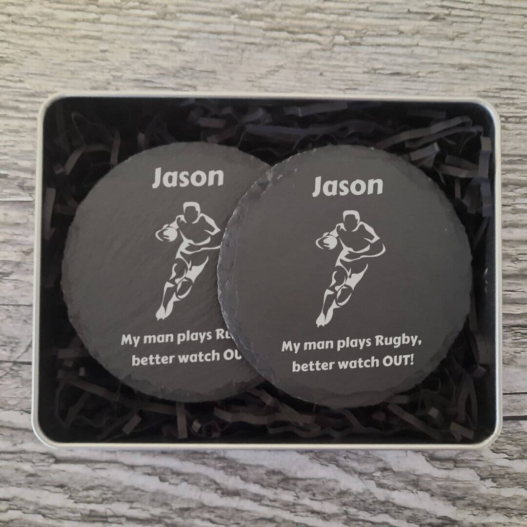 Personalised Rugby Round Slate Coasters With Name & Message