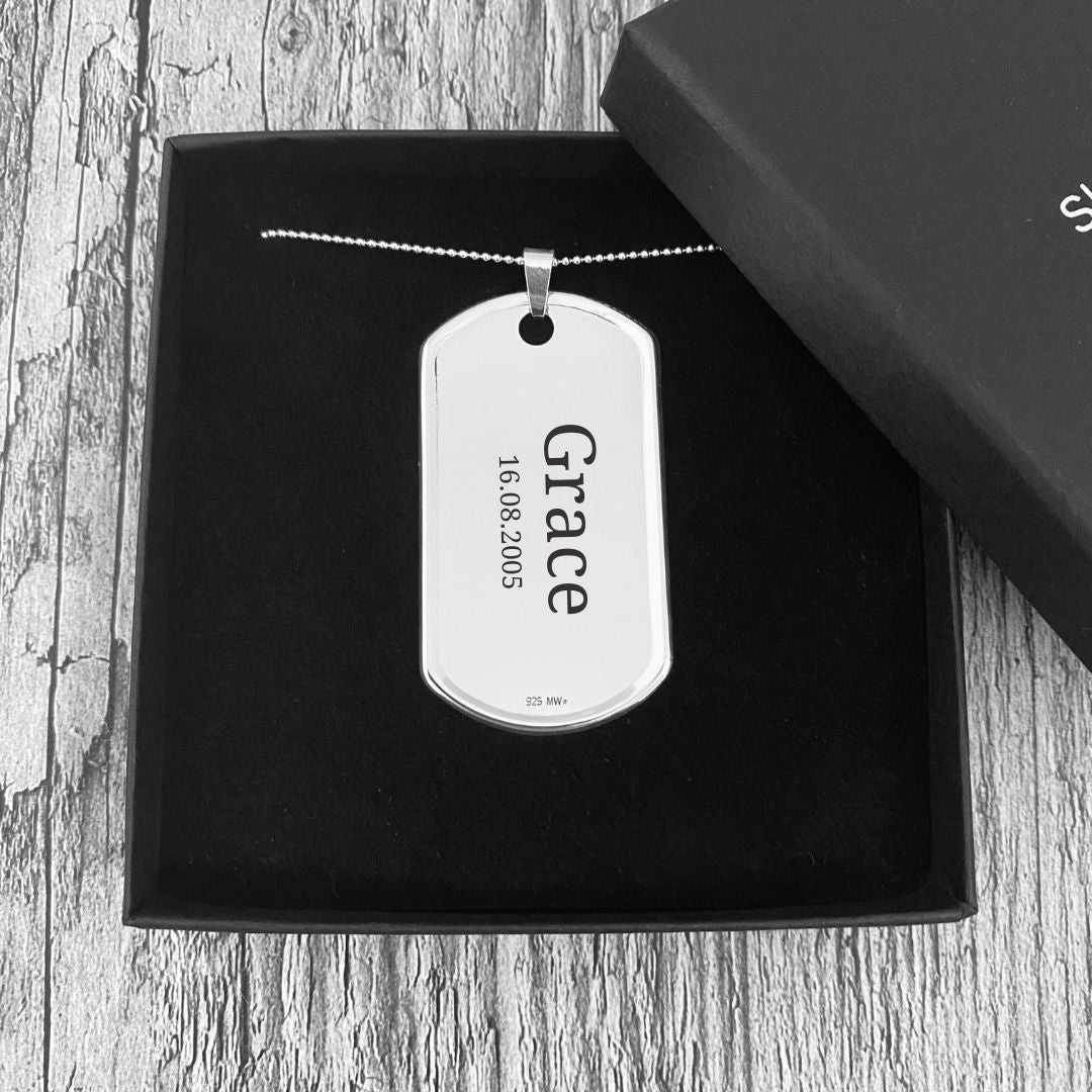 Sterling Silver Men's Dog Tag Necklace With Name & Date