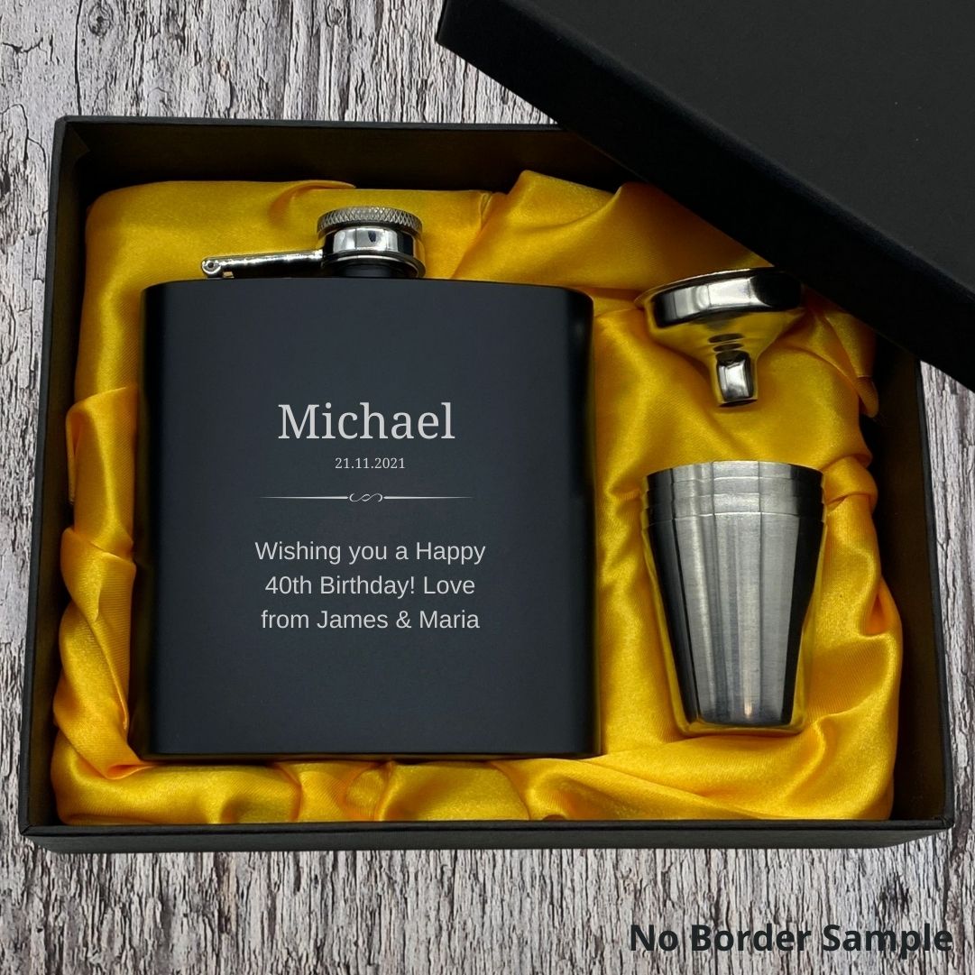 Personalised Hip Flask Set With Yellow Satin Lined Box